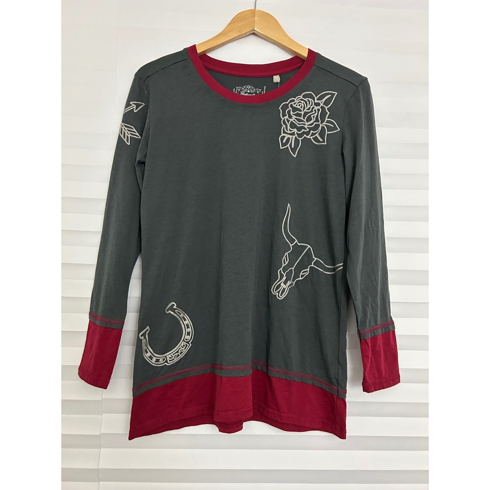 Panhandle Slim Women Charcoal Burgundy‎ Western Embroidered Layered Top Sz M New